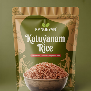 Kangeyan Katuyanam Rice packaging with a bowl of rice on a green background
