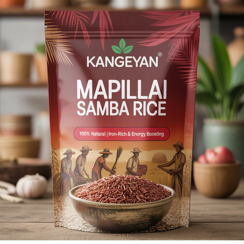 Kangeyan Mapillai Samba Rice packaging on a wooden surface with a blurred kitchen background